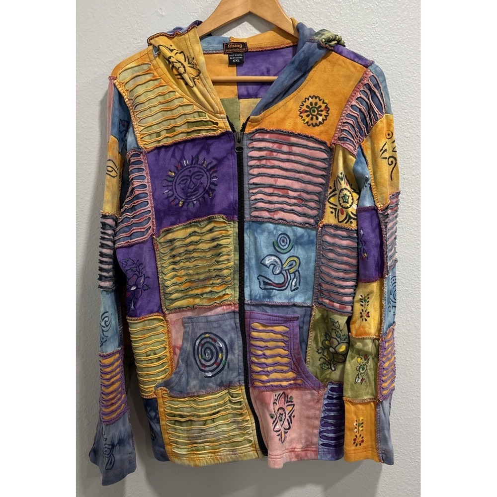 VTG Y2K Rising International Womens Xxl Hippie Patchwork Long Zip Hoodie Jacket